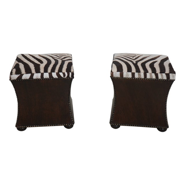 Pair Modern Design Zebra Print Hide Ottoman or Stools For Sale