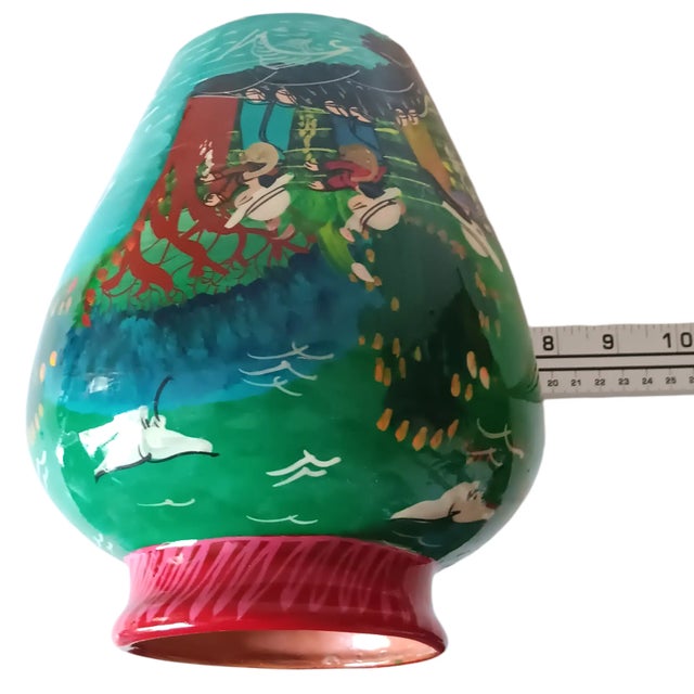 Ceramic Vintage Mexican Folk Art Vase Handpainted Terracotta Colorful Green Blue Red Glossy 8" X 7" For Sale - Image 7 of 15