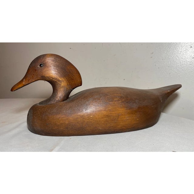 Wood Antique 20 Hel Hand Carved Wood Flat Bottom Folk Art Duck Decoy Sculpture Statue For Sale - Image 7 of 11