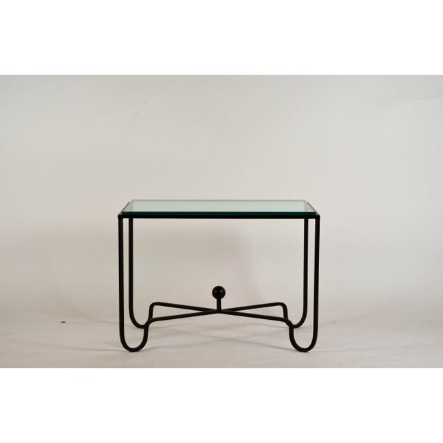Chic blackened steel and glass 'Entretoise' side table by Design Frères, Also great as a small coffee table.