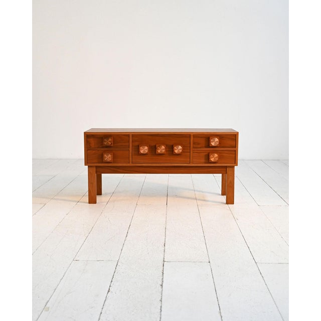 Swedish teak entryway cabinet with six drawers and geometric copper handles. Original label present. Lars-Göran Nilsson...