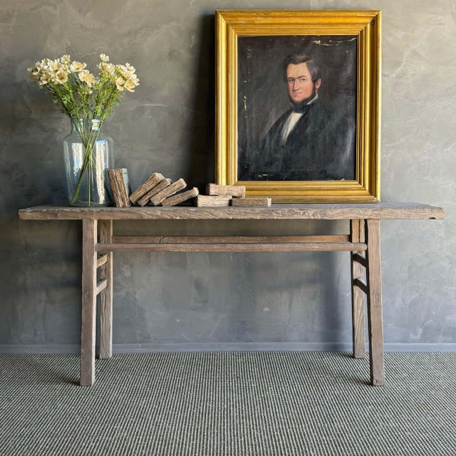 vintage elm wood console table. Crafted from authentic elm wood, this console table boasts a beautiful original natural...