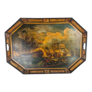 19th Century Finely Painted English or French Pontypool Toleware Tray With Naval Battle