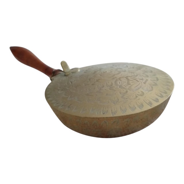 Vintage Brass Lidded and Wood Handle Pan For Sale