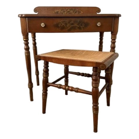 Mid-Century L. Hitchcock Stenciled Writing Desk & Matching Caned Bench – 2-Piece Set For Sale