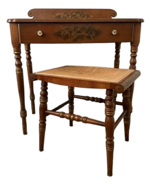 Mid-Century L. Hitchcock Stenciled Writing Desk & Matching Caned Bench – 2-Piece Set