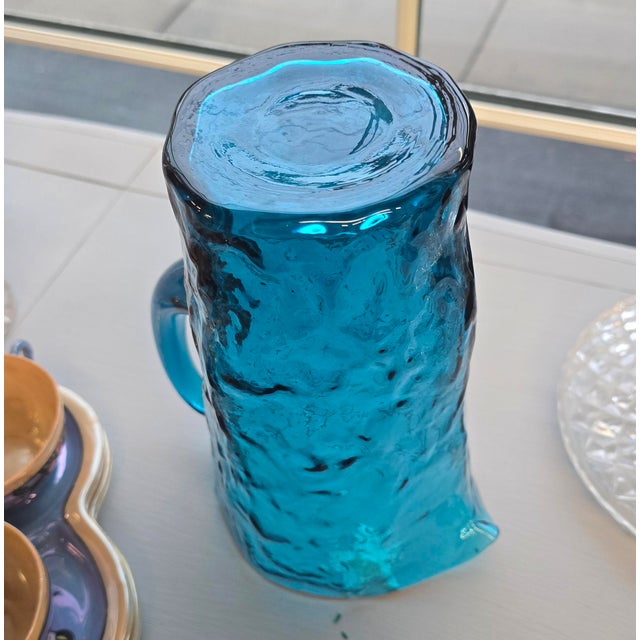 Contemporary Vintage Peacock Blue Crackle Glass Pitcher For Sale - Image 3 of 6