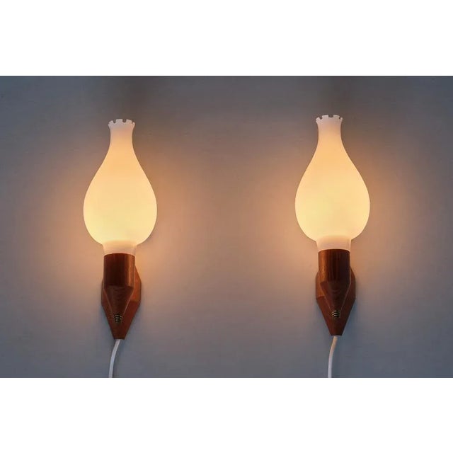 Swedish Modern Teak Wood, Brass and Opaline Glass Wall Lamps, Sweden, 1950s, Set of 2 For Sale - Image 6 of 10
