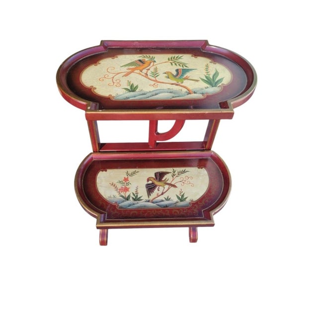 Vintage Chinoiserie Red Bird Painted Double Shelf Folding Side Table For Sale In West Palm - Image 6 of 12