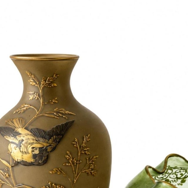 Glass and Crystal - Two vases and a flowerpot. European; early 20th century, in stained glass with gold accents. Height:...