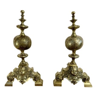 Victorian Ornate Brass Firedogs, 1880s, Set of 2 For Sale