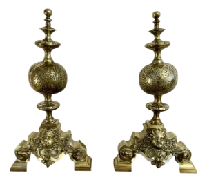 Victorian Ornate Brass Firedogs, 1880s, Set of 2