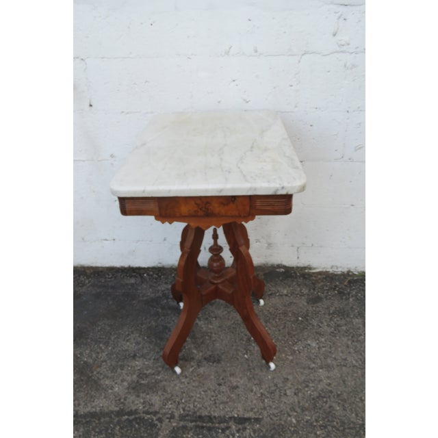 Late 1800s Victorian Eastlake Marble Top Carved Side Table 6296 For Sale - Image 16 of 16