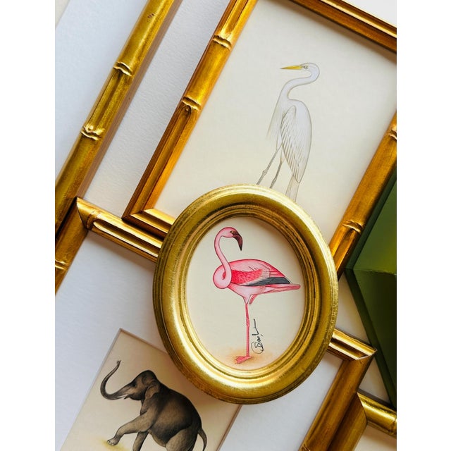 Art Deco Original Hand-Painted Flamingo in a Vintage Italian Frame For Sale - Image 3 of 4