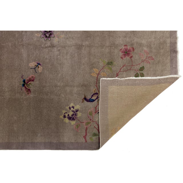 Art Deco 1920s Antique Chinese Art Deco Rug Floral & Bird Motif in Taupe & Amethyst For Sale - Image 3 of 11