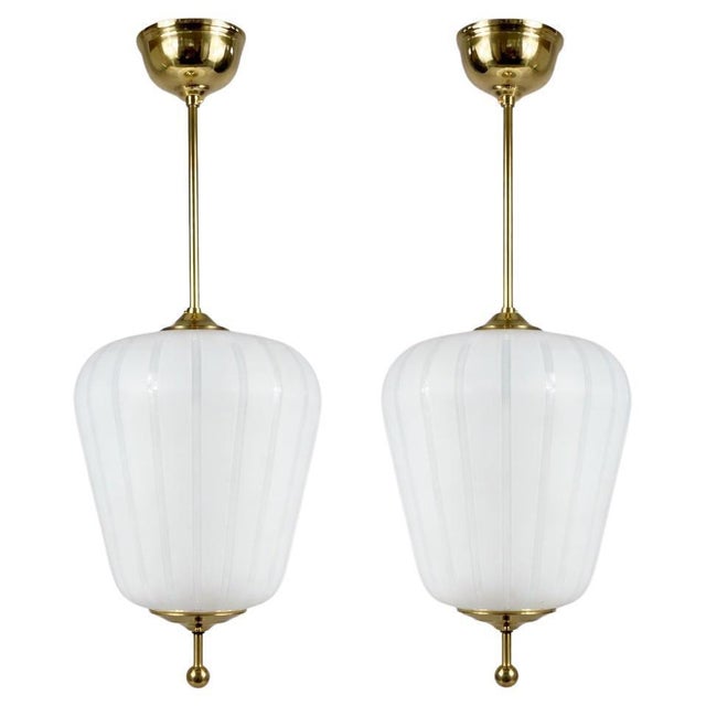 Satin Striped Glass and Brass Pendants, Sweden, 1950s, Set of 2 For Sale - Image 17 of 17