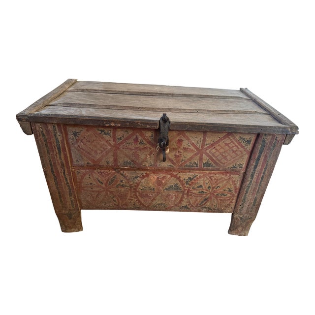 Antique Painted Wooden Storage Chest With Hand-Decorated Panels For Sale