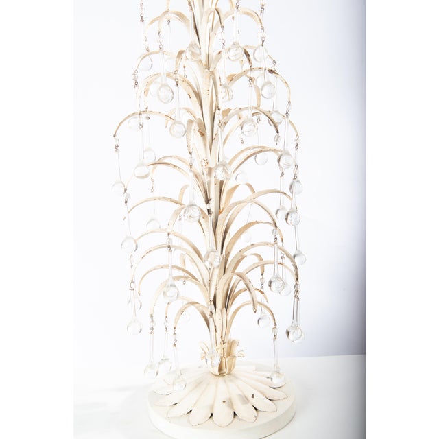 White painted tole lamp, multiple fronds with crystal tear drops. Rewired with silk cord.