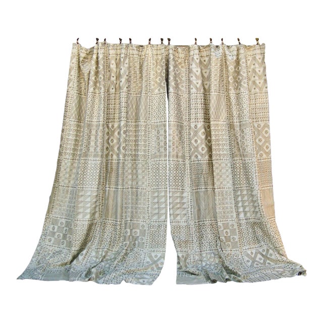 Fortuny Ashanti Gold and Ivory Vintage Curtain - Drapes a Pair For Sale