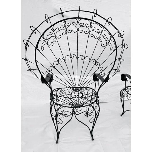 1960s Wrought Iron Peacock Chairs After Salterini With Custom Outdoor Cushions , a Pair, Attributed For Sale - Image 5 of 6