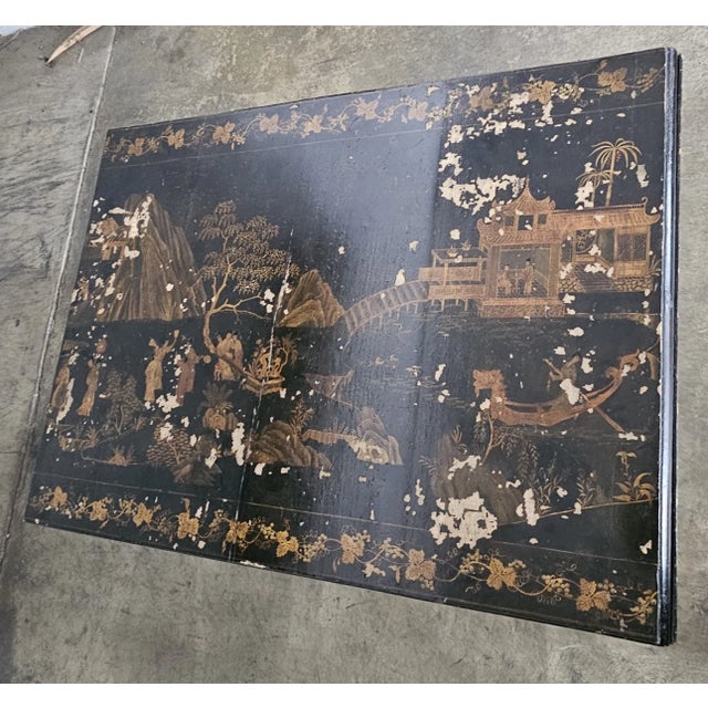 Mid 19th Century 19th Century Ebonized Chinoiserie Pedestal Occassional Table Drop Leaves For Sale - Image 5 of 13