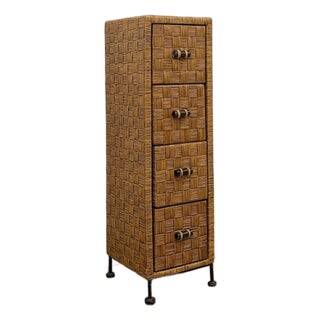 Wicker Parquetry Apothecary Narrow Four Drawer Chest Metal Base Coastal For Sale