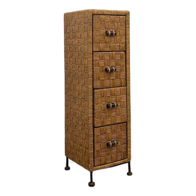 Wicker Parquetry Apothecary Narrow Four Drawer Chest Metal Base Coastal For Sale