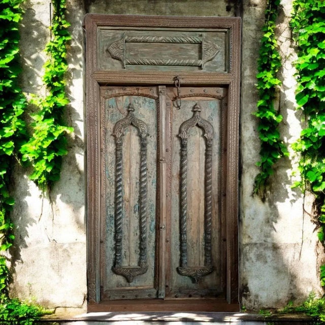 Rustic antique teak wood exterior doors with stunning architectural design that showcase traditional old world...