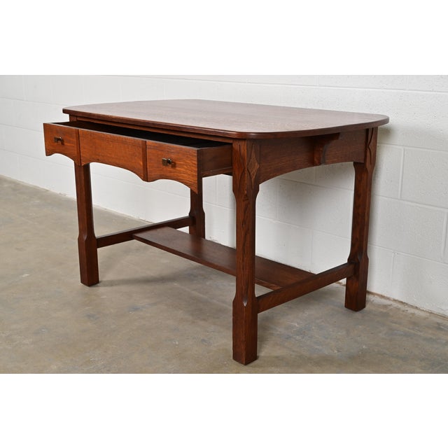 Early 20th Century Limbert Antique Mission Oak Arts & Crafts Writing Desk or Library Table, Circa 1910 For Sale - Image 5 of 14