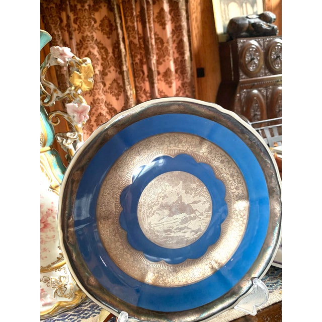 Rare antique circa 1920s 'Mitterteich' Bavarian footed porcelain plate with a silver overlay ‘Fox-hunting Scene’ embossed...