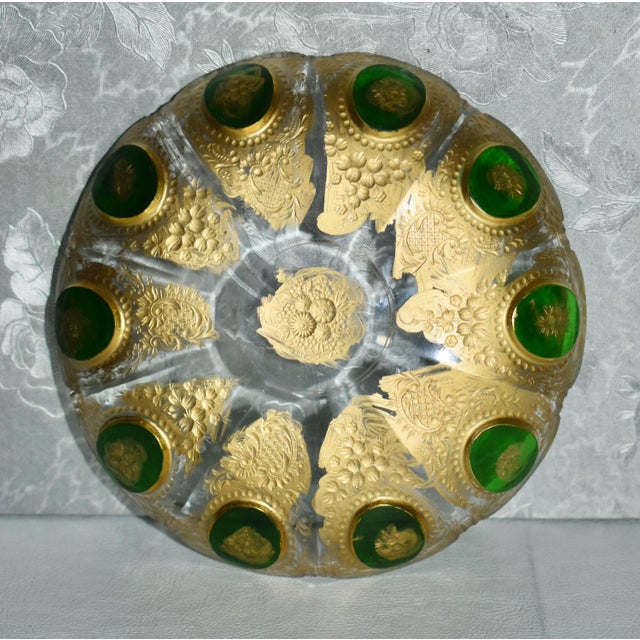 Metal Vintage Pair of Bohemian Moser Style Dishes Etched Emerald & Gold Glass For Sale - Image 7 of 12