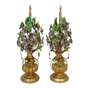 Italian Hollywood Regency Giltwood & Tole Violet Topiary Sculptures - a Pair