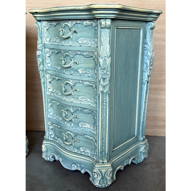 1950s Pair of Solid Wood Carved Turquoise Nightstands With Five Drawers, Signed For Sale - Image 4 of 13