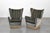 Pair of high-backed armchairs in green-gray velvet with wooden legs. Attributed to Guglielmo Veronesi, Italian...