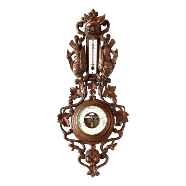 Hand Carved Black Forest Barometer W/Fox & Birds For Sale