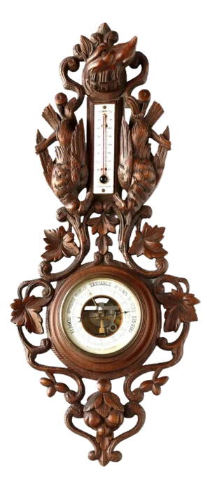 Hand Carved Black Forest Barometer W/Fox & Birds