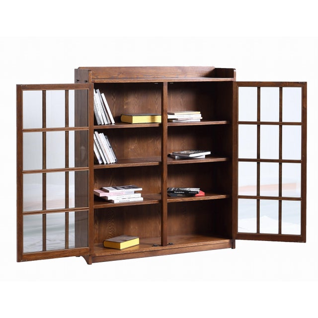 Brown Mission Oak 2 Door Bookcase With Glass Doors - Walnut For Sale - Image 8 of 13