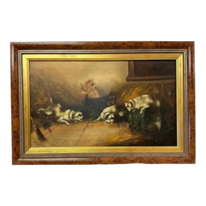 Oil on Canvas Painting, "Terriers Ratting in a Barn" by Frank Cassell