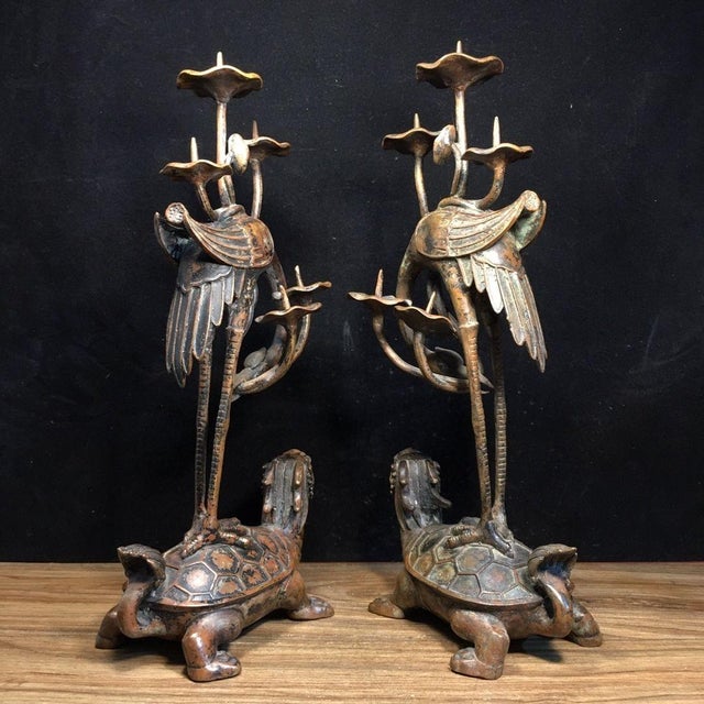 Pair of Vintage Bronze Turtle Dragon and Crane Candle Holders For Sale - Image 4 of 9