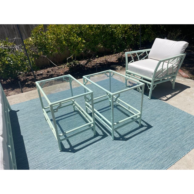 Vintage Faux Bamboo Patio Set by Meadowcraft, Chippendale Details and Sunbrella Cushions For Sale - Image 9 of 18
