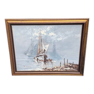 Large Vintage Nautical Oil Painting by B. Wilder - Coastal Ship Scene 48" X 36" For Sale