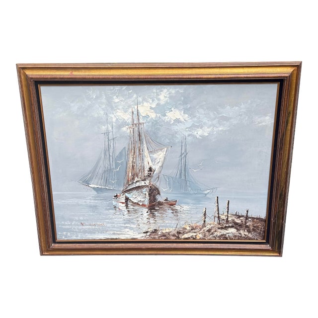 Large Vintage Nautical Oil Painting by B. Wilder - Coastal Ship Scene 48" X 36" For Sale