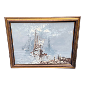 Large Vintage Nautical Oil Painting by B. Wilder - Coastal Ship Scene 48" X 36"