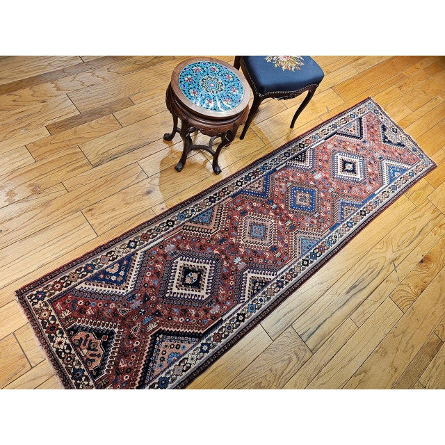1900 - 1909 Vintage Persian Shiraz Tribal Runner Rug, Hand-Knotted Wool, Geometric Medallion Pattern, Red & Blue, 3x10 For Sale - Image 5 of 15