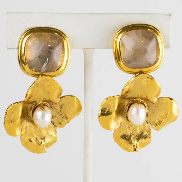 Contemporary Robert Goossens Gilded Metal Floral Clip Earrings with Pearls and Rock Crystal For Sale - Image 3 of 8