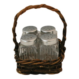 Vintage WMF Germany Square Ribbed Glass Salt & Pepper Shakers in Wicker Basket 5 Piece Set For Sale