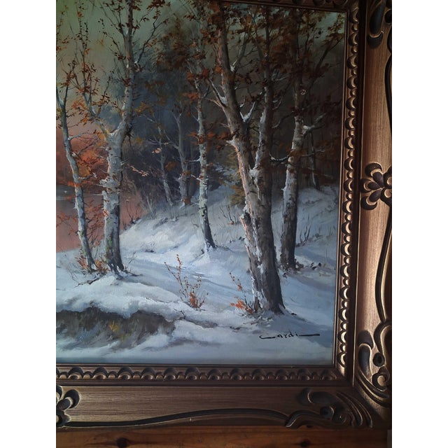 Pink 20th Century Winter River Sunset Landscape Oil Painting With Birches, Signed Cardi For Sale - Image 8 of 11