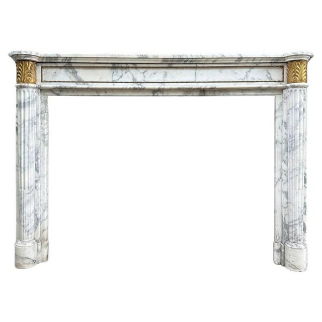 Gold Antique French Louis XVI Style Arabescato Marble and Ormolu Fireplace Mantel, 1850 For Sale - Image 8 of 8