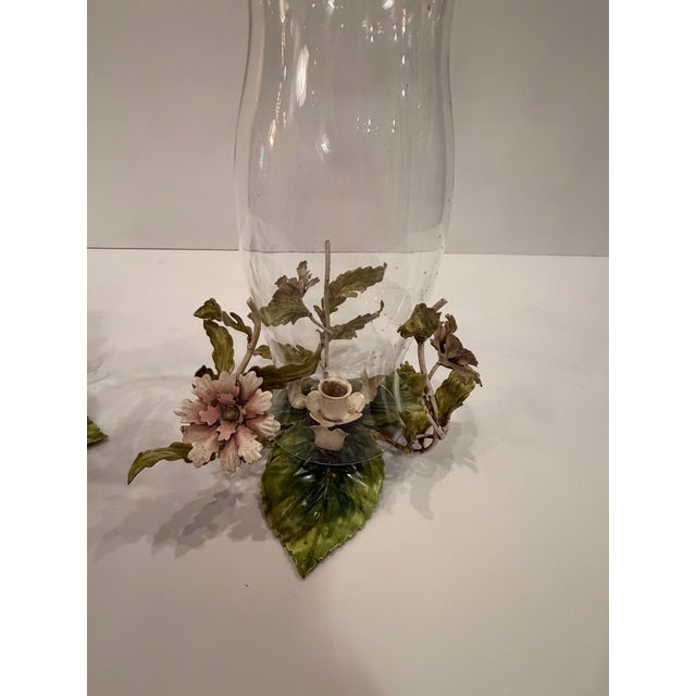 Vintage Italian Painted Tole & Glass Candle Hurricanes -a Pair For Sale - Image 10 of 10