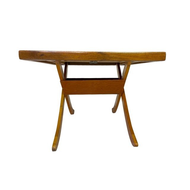 Brown 1970s Adjustable-Height Folding Marquetry Table, Don Shoemaker Style For Sale - Image 8 of 13